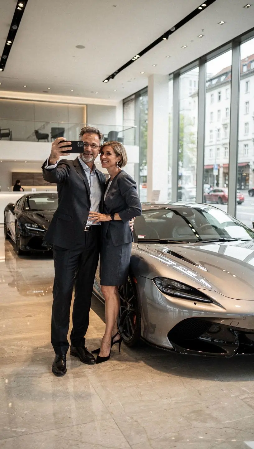 Ein begeisterter Besucher betrachtet ein klassisches Automobil im Stuttgarter Automuseum.